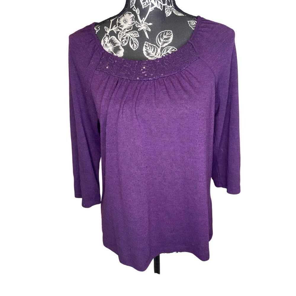 Christopher And Banks Purple Knit Top Petite PM Workwear Sequins Casual Office